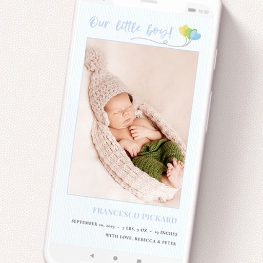 A digital baby announcement named 'Balloooons Blue'. It is a smartphone screen sized announcement in a portrait orientation. It is a photographic digital baby announcement with room for 1 photo. 'Balloooons Blue' is available as a flat announcement, with mainly blue colouring.