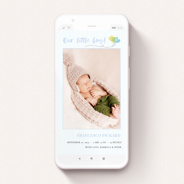 A digital baby announcement named "Balloooons Blue". It is a smartphone screen sized announcement in a portrait orientation. It is a photographic digital baby announcement with room for 1 photo. "Balloooons Blue" is available as a flat announcement, with mainly blue colouring.