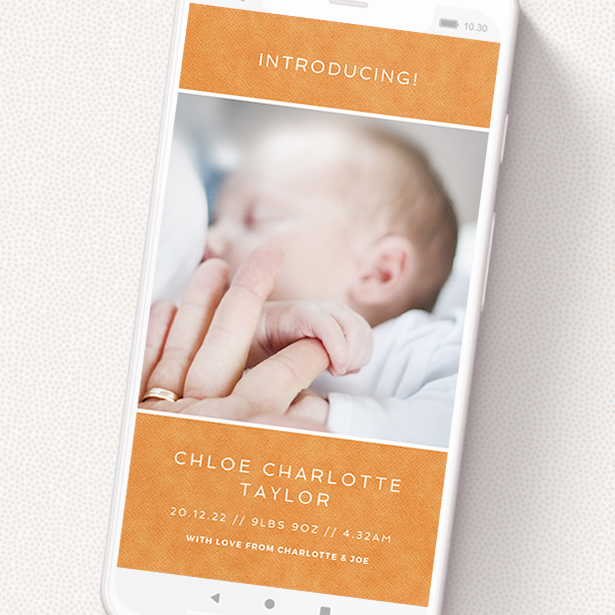 A digital baby announcement design called 'Beach Towel Orange'. It is a smartphone screen sized announcement in a portrait orientation. It is a photographic digital baby announcement with room for 1 photo. 'Beach Towel Orange' is available as a flat announcement, with tones of orange and white.