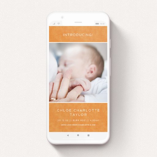 A digital baby announcement design called "Beach Towel Orange". It is a smartphone screen sized announcement in a portrait orientation. It is a photographic digital baby announcement with room for 1 photo. "Beach Towel Orange" is available as a flat announcement, with tones of orange and white.