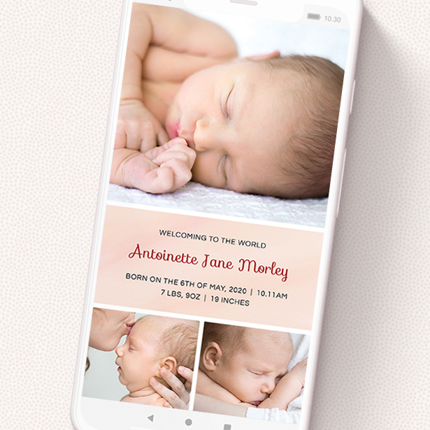 A digital baby announcement design called 'Block Tower - Girl'. It is a smartphone screen sized announcement in a portrait orientation. It is a photographic digital baby announcement with room for 3 photos. 'Block Tower - Girl' is available as a flat announcement, with mainly pink colouring.