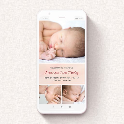 A digital baby announcement design called "Block Tower - Girl". It is a smartphone screen sized announcement in a portrait orientation. It is a photographic digital baby announcement with room for 3 photos. "Block Tower - Girl" is available as a flat announcement, with mainly pink colouring.