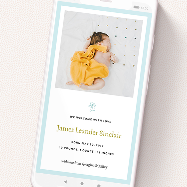 A digital baby announcement named 'Blue Teddy'. It is a smartphone screen sized announcement in a portrait orientation. It is a photographic digital baby announcement with room for 1 photo. 'Blue Teddy' is available as a flat announcement, with tones of blue and white.