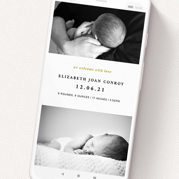 A digital baby announcement template titled 'Bold Typography'. It is a smartphone screen sized announcement in a portrait orientation. It is a photographic digital baby announcement with room for 2 photos. 'Bold Typography' is available as a flat announcement, with tones of black and white.