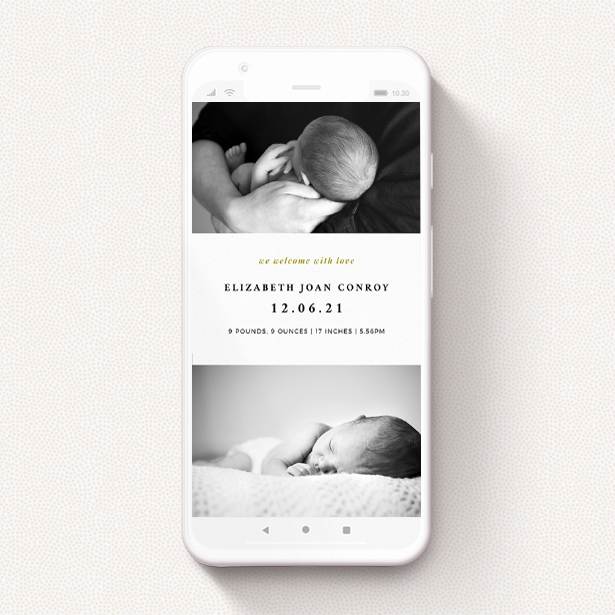 A digital baby announcement template titled "Bold Typography". It is a smartphone screen sized announcement in a portrait orientation. It is a photographic digital baby announcement with room for 2 photos. "Bold Typography" is available as a flat announcement, with tones of black and white.