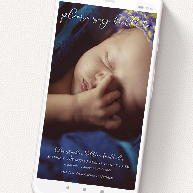 A digital baby announcement template titled 'Carnaby Street'. It is a smartphone screen sized announcement in a portrait orientation. It is a photographic digital baby announcement with room for 1 photo. 'Carnaby Street' is available as a flat announcement, with mainly white colouring.