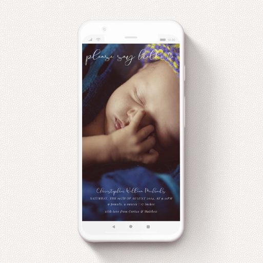 A digital baby announcement template titled "Carnaby Street". It is a smartphone screen sized announcement in a portrait orientation. It is a photographic digital baby announcement with room for 1 photo. "Carnaby Street" is available as a flat announcement, with mainly white colouring.