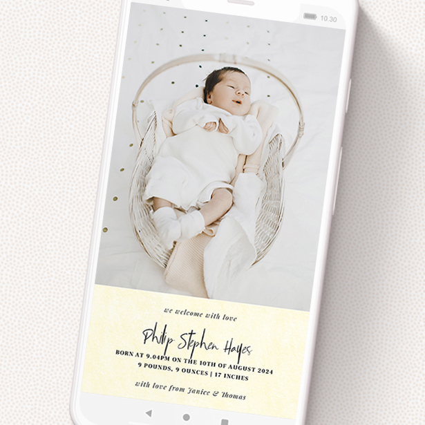 A digital baby announcement named 'Cream Hue'. It is a smartphone screen sized announcement in a portrait orientation. It is a photographic digital baby announcement with room for 1 photo. 'Cream Hue' is available as a flat announcement, with mainly cream colouring.