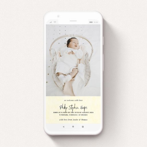 A digital baby announcement named "Cream Hue". It is a smartphone screen sized announcement in a portrait orientation. It is a photographic digital baby announcement with room for 1 photo. "Cream Hue" is available as a flat announcement, with mainly cream colouring.