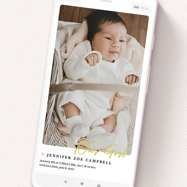 A digital baby announcement design called 'Gold Stamp - Girl'. It is a smartphone screen sized announcement in a portrait orientation. It is a photographic digital baby announcement with room for 1 photo. 'Gold Stamp - Girl' is available as a flat announcement, with tones of white and gold.