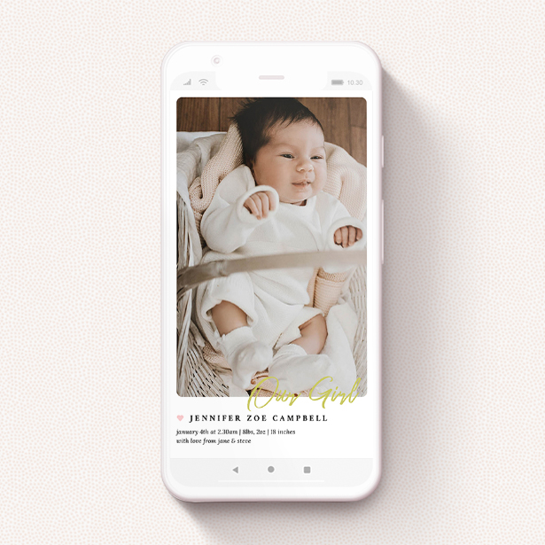 A digital baby announcement design called "Gold Stamp - Girl". It is a smartphone screen sized announcement in a portrait orientation. It is a photographic digital baby announcement with room for 1 photo. "Gold Stamp - Girl" is available as a flat announcement, with tones of white and gold.