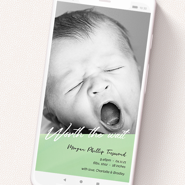 A digital baby announcement template titled 'Green Slant'. It is a smartphone screen sized announcement in a portrait orientation. It is a photographic digital baby announcement with room for 1 photo. 'Green Slant' is available as a flat announcement, with tones of green and white.