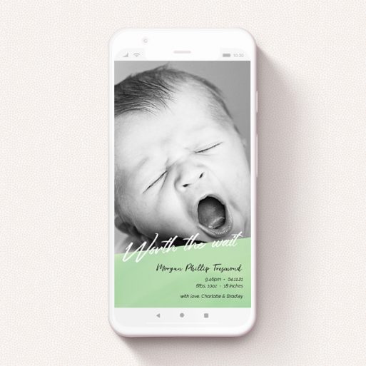 A digital baby announcement template titled "Green Slant". It is a smartphone screen sized announcement in a portrait orientation. It is a photographic digital baby announcement with room for 1 photo. "Green Slant" is available as a flat announcement, with tones of green and white.