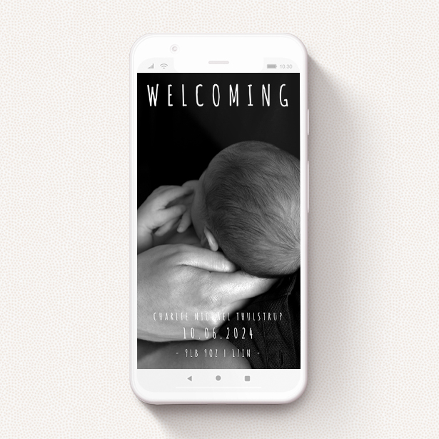 A digital baby announcement named "Informality". It is a smartphone screen sized announcement in a portrait orientation. It is a photographic digital baby announcement with room for 1 photo. "Informality" is available as a flat announcement, with mainly white colouring.