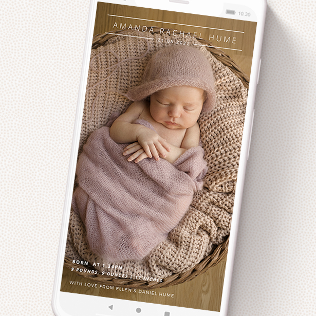 A digital baby announcement named 'Liverpool Street'. It is a smartphone screen sized announcement in a portrait orientation. It is a photographic digital baby announcement with room for 1 photo. 'Liverpool Street' is available as a flat announcement, with mainly white colouring.