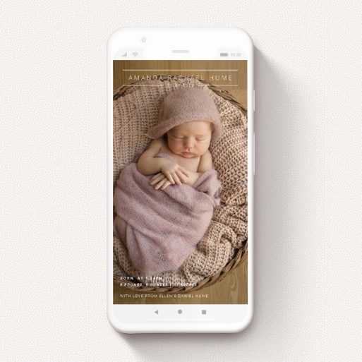 A digital baby announcement named "Liverpool Street". It is a smartphone screen sized announcement in a portrait orientation. It is a photographic digital baby announcement with room for 1 photo. "Liverpool Street" is available as a flat announcement, with mainly white colouring.