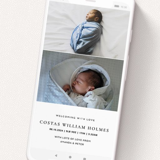 A digital baby announcement design called 'Modern Thirds'. It is a smartphone screen sized announcement in a portrait orientation. It is a photographic digital baby announcement with room for 2 photos. 'Modern Thirds' is available as a flat announcement, with mainly white colouring.