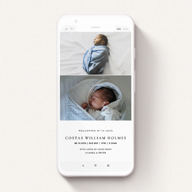 A digital baby announcement design called "Modern Thirds". It is a smartphone screen sized announcement in a portrait orientation. It is a photographic digital baby announcement with room for 2 photos. "Modern Thirds" is available as a flat announcement, with mainly white colouring.