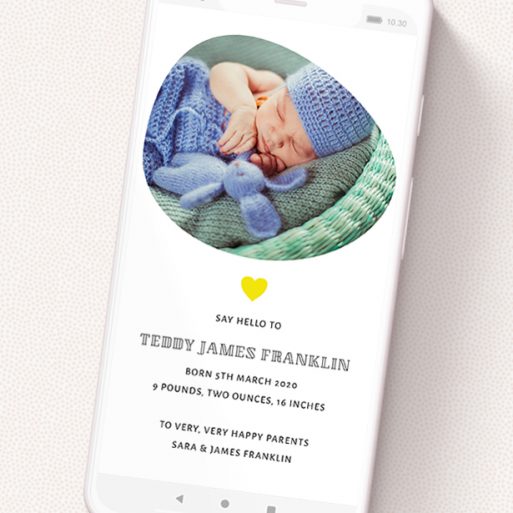 A digital baby announcement named 'Organic'. It is a smartphone screen sized announcement in a portrait orientation. It is a photographic digital baby announcement with room for 1 photo. 'Organic' is available as a flat announcement, with tones of white and yellow.