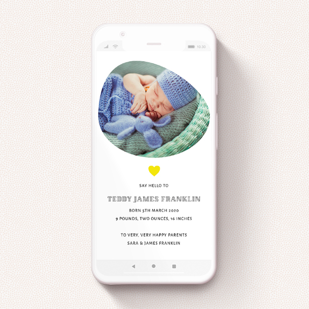 A digital baby announcement named "Organic". It is a smartphone screen sized announcement in a portrait orientation. It is a photographic digital baby announcement with room for 1 photo. "Organic" is available as a flat announcement, with tones of white and yellow.