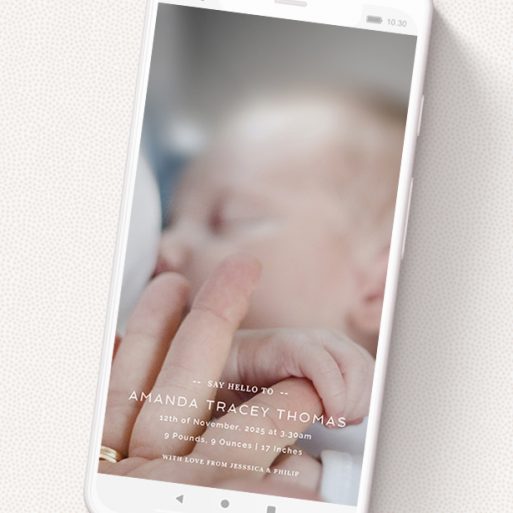 A digital baby announcement design called 'Shepherds Market'. It is a smartphone screen sized announcement in a portrait orientation. It is a photographic digital baby announcement with room for 1 photo. 'Shepherds Market' is available as a flat announcement, with mainly white colouring.