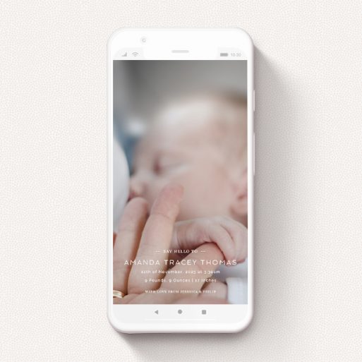 A digital baby announcement design called "Shepherds Market". It is a smartphone screen sized announcement in a portrait orientation. It is a photographic digital baby announcement with room for 1 photo. "Shepherds Market" is available as a flat announcement, with mainly white colouring.