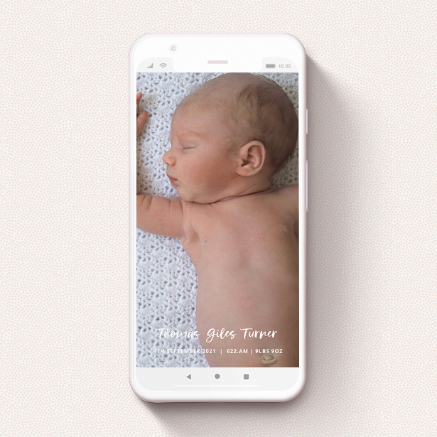 A digital baby announcement named "To the Point". It is a smartphone screen sized announcement in a portrait orientation. It is a photographic digital baby announcement with room for 1 photo. "To the Point" is available as a flat announcement, with mainly white colouring.