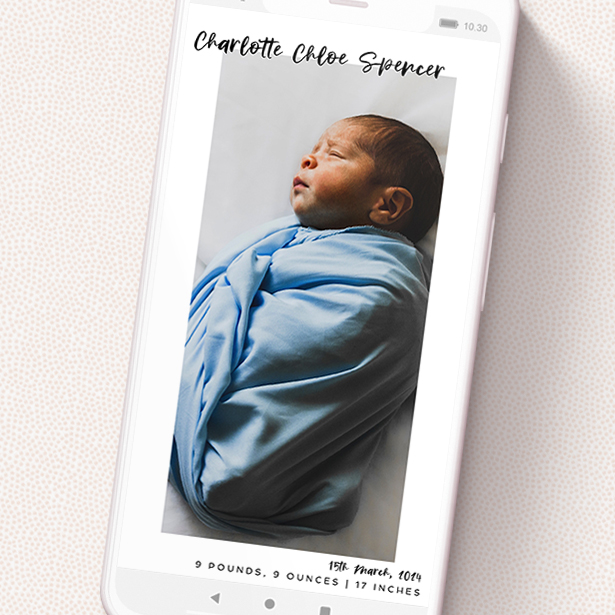A digital baby announcement template titled 'Top and Bottom Photo'. It is a smartphone screen sized announcement in a portrait orientation. It is a photographic digital baby announcement with room for 1 photo. 'Top and Bottom Photo' is available as a flat announcement, with mainly white colouring.
