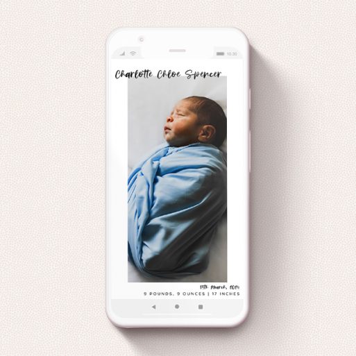 A digital baby announcement template titled "Top and Bottom Photo". It is a smartphone screen sized announcement in a portrait orientation. It is a photographic digital baby announcement with room for 1 photo. "Top and Bottom Photo" is available as a flat announcement, with mainly white colouring.