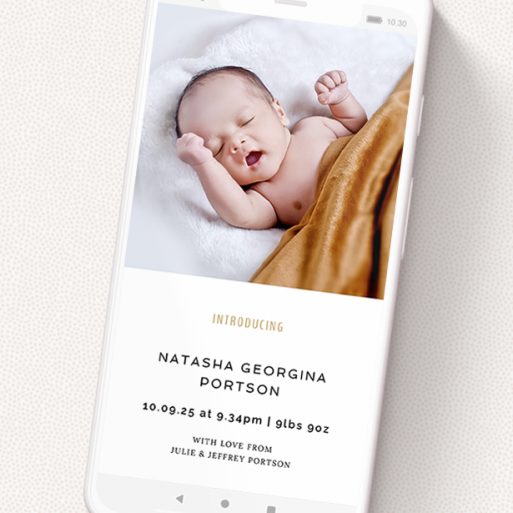 A digital baby announcement template titled 'Upstairs-Downstairs'. It is a smartphone screen sized announcement in a portrait orientation. It is a photographic digital baby announcement with room for 1 photo. 'Upstairs-Downstairs' is available as a flat announcement, with tones of white and gold.