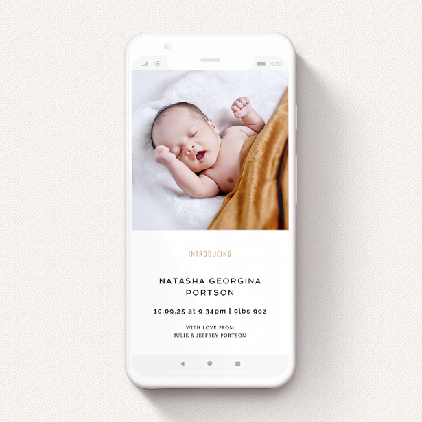 A digital baby announcement template titled "Upstairs-Downstairs". It is a smartphone screen sized announcement in a portrait orientation. It is a photographic digital baby announcement with room for 1 photo. "Upstairs-Downstairs" is available as a flat announcement, with tones of white and gold.