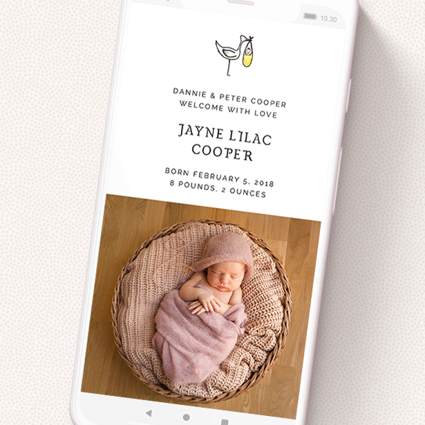 A digital baby announcement template titled 'Watercolour Stork'. It is a smartphone screen sized announcement in a portrait orientation. It is a photographic digital baby announcement with room for 1 photo. 'Watercolour Stork' is available as a flat announcement, with mainly white colouring.