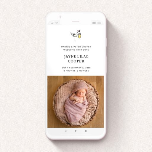 A digital baby announcement template titled "Watercolour Stork". It is a smartphone screen sized announcement in a portrait orientation. It is a photographic digital baby announcement with room for 1 photo. "Watercolour Stork" is available as a flat announcement, with mainly white colouring.