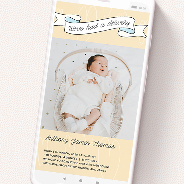 A digital baby announcement template titled 'Written Above - Boy'. It is a smartphone screen sized announcement in a portrait orientation. It is a photographic digital baby announcement with room for 1 photo. 'Written Above - Boy' is available as a flat announcement, with tones of cream, light blue and white.