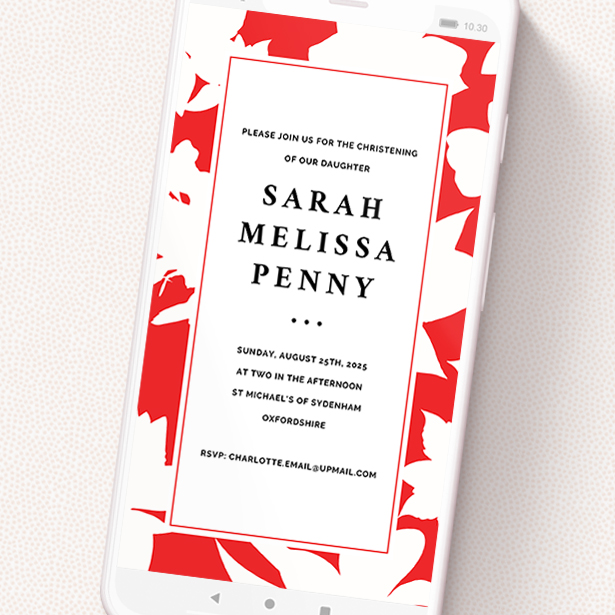 A digital christening invite design called 'Bold Red Floral'. It is a smartphone screen sized invite in a portrait orientation. 'Bold Red Floral' is available as a flat invite, with tones of red and white.