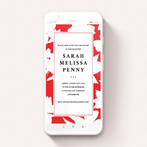 A digital christening invite design called "Bold Red Floral". It is a smartphone screen sized invite in a portrait orientation. "Bold Red Floral" is available as a flat invite, with tones of red and white.