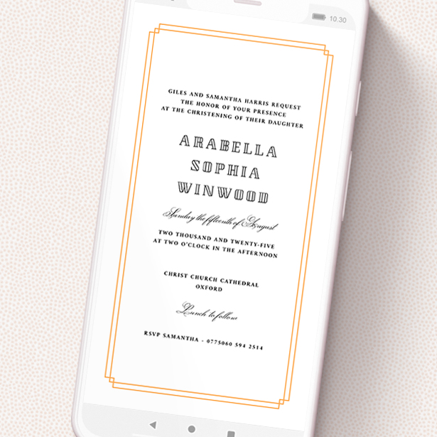 A digital christening invite design called 'Double Notch Orange'. It is a smartphone screen sized invite in a portrait orientation. 'Double Notch Orange' is available as a flat invite, with tones of orange and white.