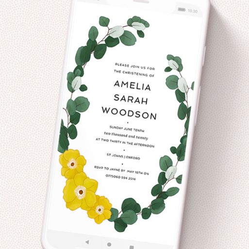 A digital christening invite named 'Eucalyptus Wreath'. It is a smartphone screen sized invite in a portrait orientation. 'Eucalyptus Wreath' is available as a flat invite, with tones of yellow, green and white.