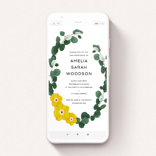 A digital christening invite named "Eucalyptus Wreath". It is a smartphone screen sized invite in a portrait orientation. "Eucalyptus Wreath" is available as a flat invite, with tones of yellow, green and white.