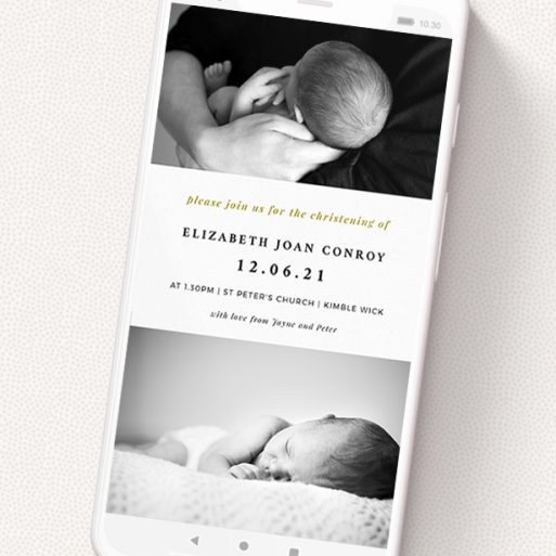 A digital christening invite template titled 'Gold Header'. It is a smartphone screen sized invite in a portrait orientation. It is a photographic digital christening invite with room for 2 photos. 'Gold Header' is available as a flat invite, with tones of black and white.