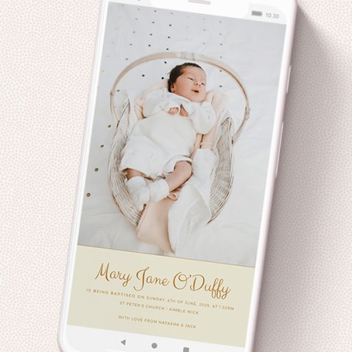 A digital christening invite template titled 'Gold on Cream'. It is a smartphone screen sized invite in a portrait orientation. It is a photographic digital christening invite with room for 1 photo. 'Gold on Cream' is available as a flat invite, with mainly dark cream colouring.