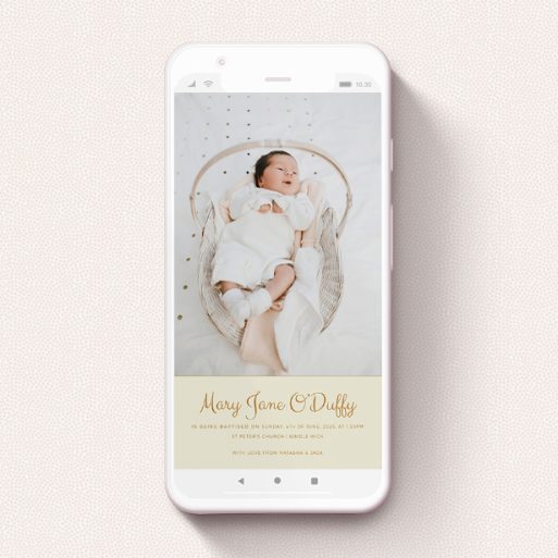 A digital christening invite template titled "Gold on Cream". It is a smartphone screen sized invite in a portrait orientation. It is a photographic digital christening invite with room for 1 photo. "Gold on Cream" is available as a flat invite, with mainly dark cream colouring.