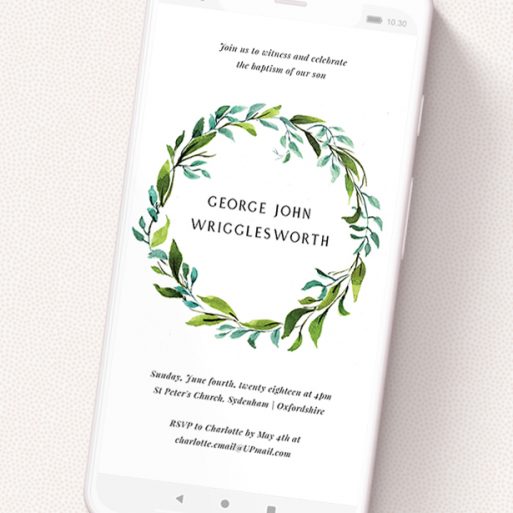 A digital christening invite design called 'Green Wreath'. It is a smartphone screen sized invite in a portrait orientation. 'Green Wreath' is available as a flat invite, with tones of blue and green.