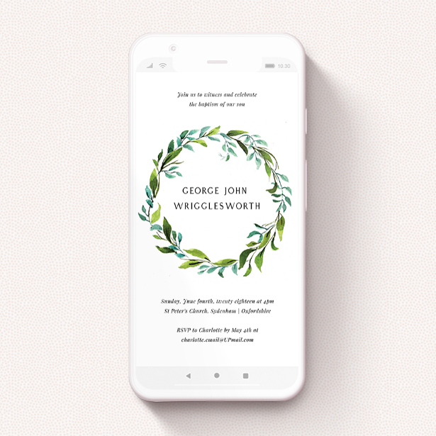 A digital christening invite design called "Green Wreath". It is a smartphone screen sized invite in a portrait orientation. "Green Wreath" is available as a flat invite, with tones of blue and green.