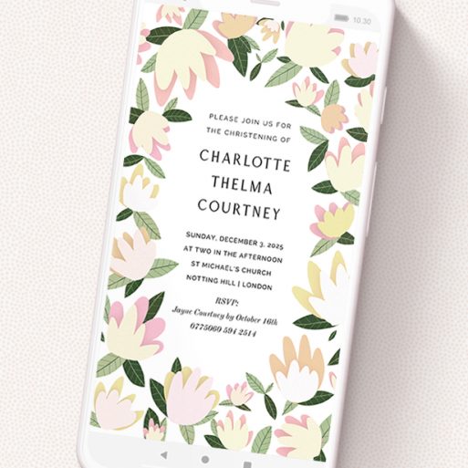 A digital christening invite design called 'Modern Floral'. It is a smartphone screen sized invite in a portrait orientation. 'Modern Floral' is available as a flat invite, with tones of cream, yellow and light green.