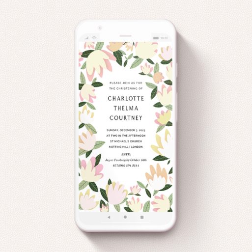 A digital christening invite design called "Modern Floral". It is a smartphone screen sized invite in a portrait orientation. "Modern Floral" is available as a flat invite, with tones of cream, yellow and light green.