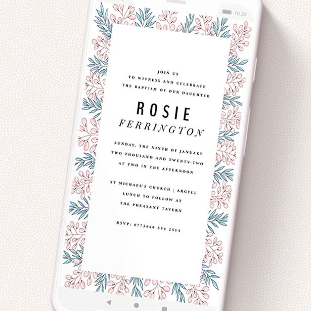 A digital christening invite template titled 'Modern Florals'. It is a smartphone screen sized invite in a portrait orientation. 'Modern Florals' is available as a flat invite, with tones of blue and pink.