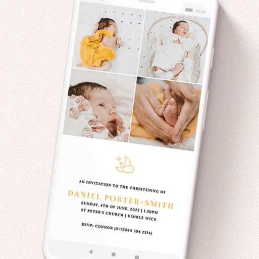 A digital christening invite named 'Moon and Stars'. It is a smartphone screen sized invite in a portrait orientation. It is a photographic digital christening invite with room for 4 photos. 'Moon and Stars' is available as a flat invite, with tones of white and orange.