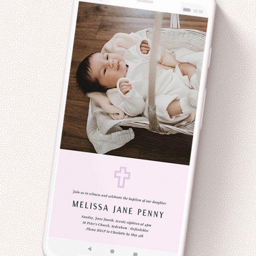 A digital christening invite template titled 'Purple Outline Cross'. It is a smartphone screen sized invite in a portrait orientation. It is a photographic digital christening invite with room for 1 photo. 'Purple Outline Cross' is available as a flat invite, with mainly purple/dark pink colouring.