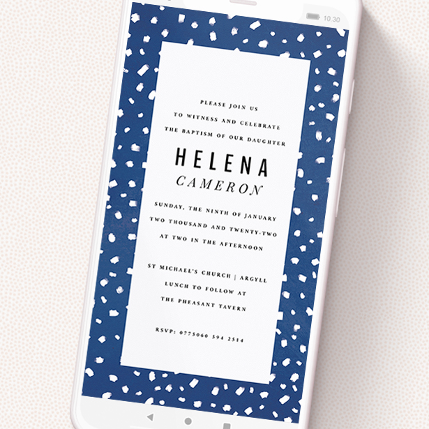 A digital christening invite named 'Quick Polkadots'. It is a smartphone screen sized invite in a portrait orientation. 'Quick Polkadots' is available as a flat invite, with tones of blue and white.